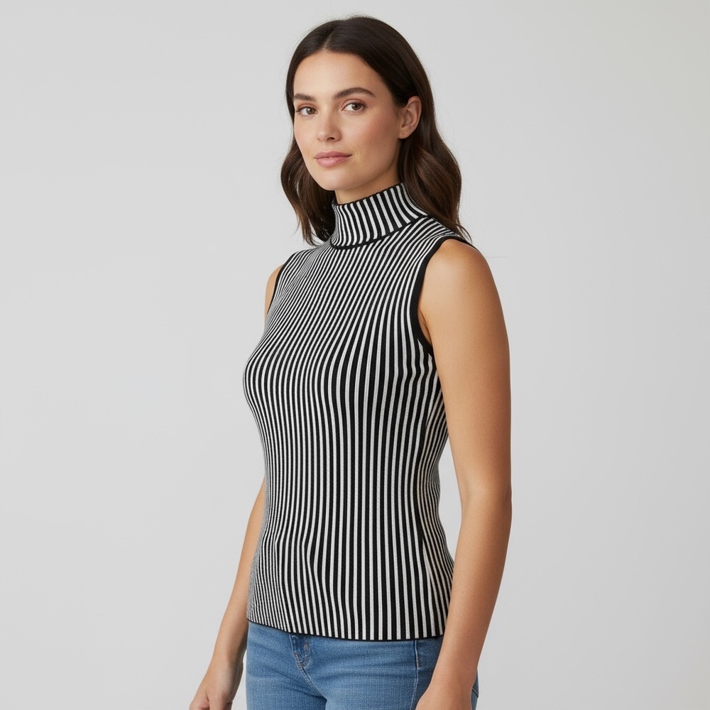 Marled Women's XS Sleeveless Mock Sweater B&W‎ Striped EUC